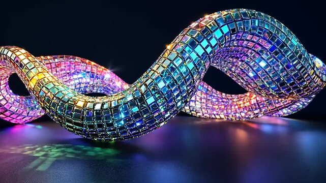 A colorful, shimmering snake sculpture made of mirrored tiles, set against a dark background with soft lighting