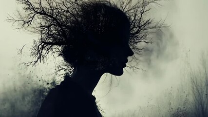 Creative silhouette of a woman with abstract tree roots emerging from her head in a mystical landscape at dusk - Powered by Adobe
