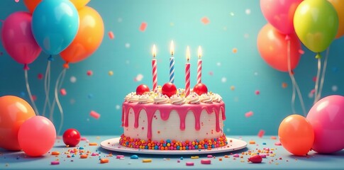 Illustration of a festive birthday cake surrounded by colorful balloons, design, party, sweet