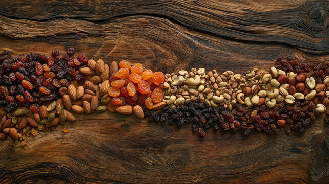 A rustic wooden surface displaying an assortment of dried fruits such as raisins, apricots, and figs, alongside a variety of nuts including cashews, almonds, and hazelnuts