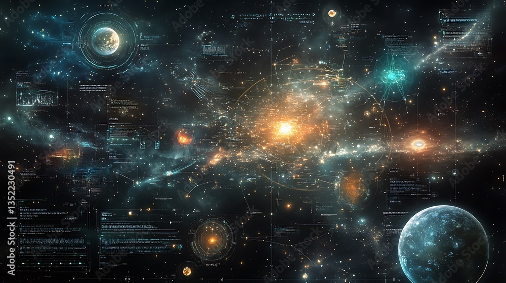 Poster a space-themed educational image with a star map and diagrams of planetary systems