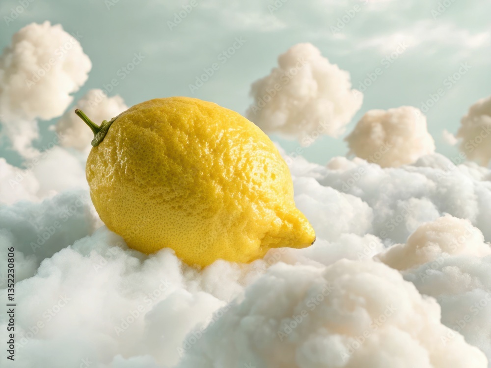 Poster lemon floating in fluffy clouds dreamy softness above creative imagination surreal landscape abstrac