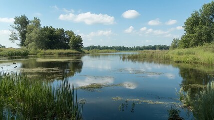 Serene Summer Pond Landscape Under a Blue Sky