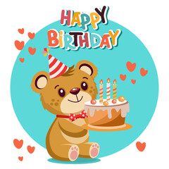 kids birthday card with cute bear with balloons and cake, kids party invitation