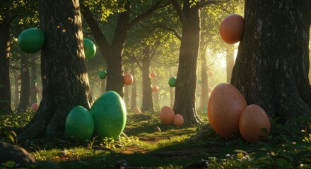 Colorful eggs scattered in a vibrant forest during daylight 