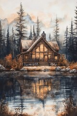 Obraz premium Watercolor Painting Of A Cabin Reflecting In Lake Water