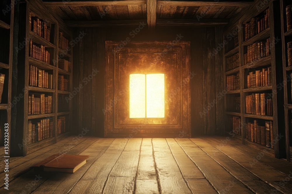 Poster a mysterious library room with light emanating from within