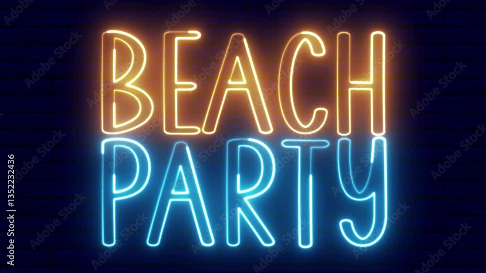 Poster beach party neon sign. beach party text font with neon light. luminous and shimmering haze inside th