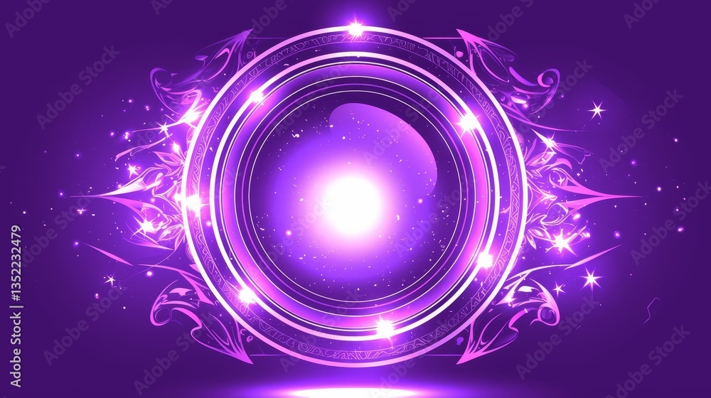 Poster abstract circular design with purple hues and glowing elements, creating a mystical atmosphere