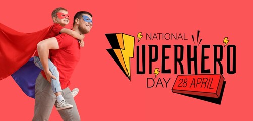 Banner for National Superhero Day with father and little son
