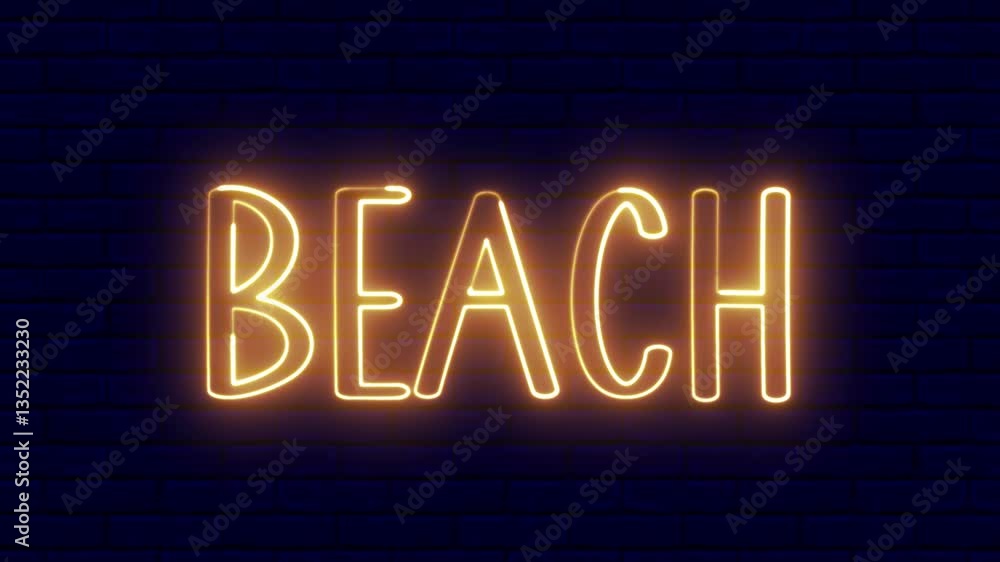 Poster beach neon sign. beach text font with neon light. luminous and shimmering haze inside the letters of