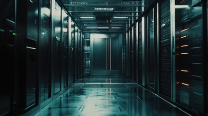 a server room with a door open 