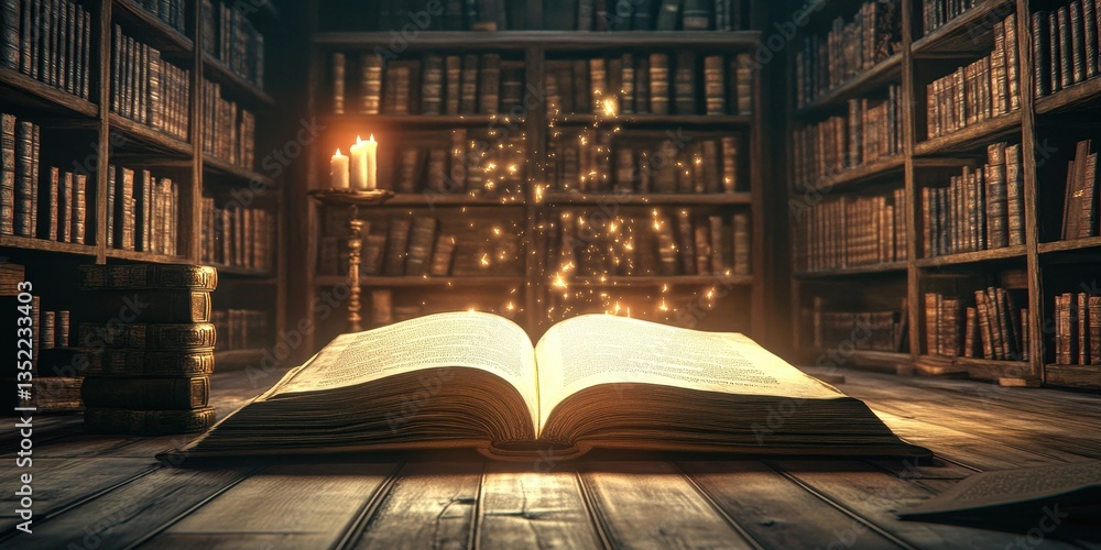 Poster an open illuminated book with candles in a library setting