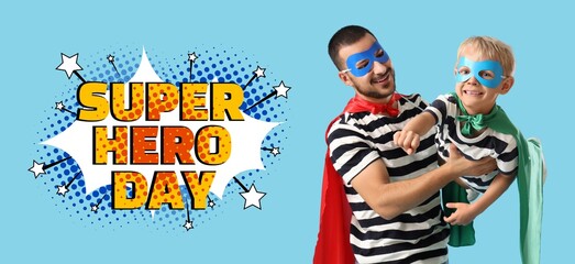 Banner for National Superhero Day with father and little son