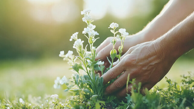 Gardener hands gently tending to white flowers in sunny garden, showcasing beauty of nature and joy of nurturing plants