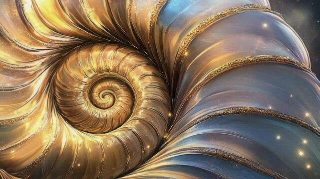 Marvel at the exquisite ammonite surrounded by a celestial scene, highlighting intricate patterns and rich colors, inspiring a sense of wonder amidst a dreamlike ambiance and cosmic elements.