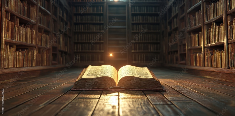 Poster a large open book is illuminated in a vast library