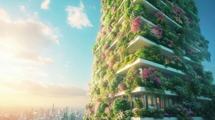 Eco-tower city sunrise, vertical garden, sustainable building, futuristic architecture