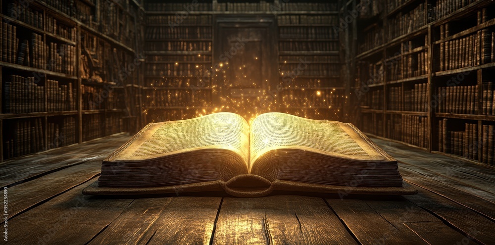 Poster a large open book with glowing pages in a library setting