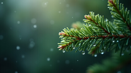 Dew Droplets Adorning Emerald Pine Branch