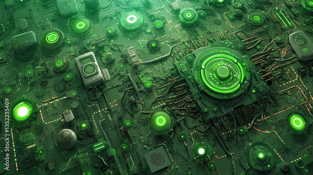 Poster intricate green circuit board design with glowing elements and complex wiring in a digital landscape
