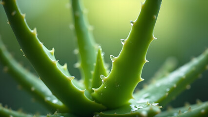 Macro Aloe Vera Plant with Water Droplets Close-up