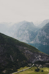 View from viewpoint Stegastein on Aurlandsfjord in Aurland along the National Scenic route Aurlandsfjellet between Aurland and Laerdal in Norway