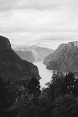 View from viewpoint Stegastein on Aurlandsfjord in Aurland along the National Scenic route Aurlandsfjellet between Aurland and Laerdal in Norway