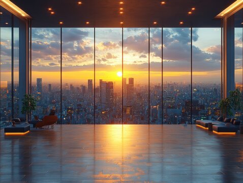 City sunset seen through skyscraper window with furniture in luxurious interior