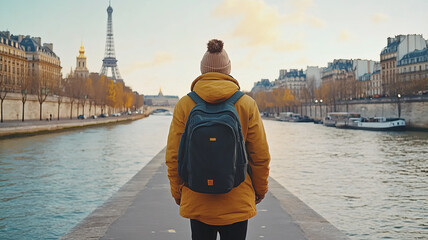 traveler stands by Seine River in Paris, wearing yellow jacket and backpack, with Eiffel Tower in background, capturing moment of adventure and exploration