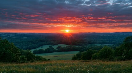Fototapeta premium Dusk Outdoors Panorama, Breathtaking sunset over a tranquil countryside landscape