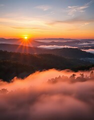 Fototapeta premium Misty sunrise over rolling, forested Appalachian ridges, scenic, travel