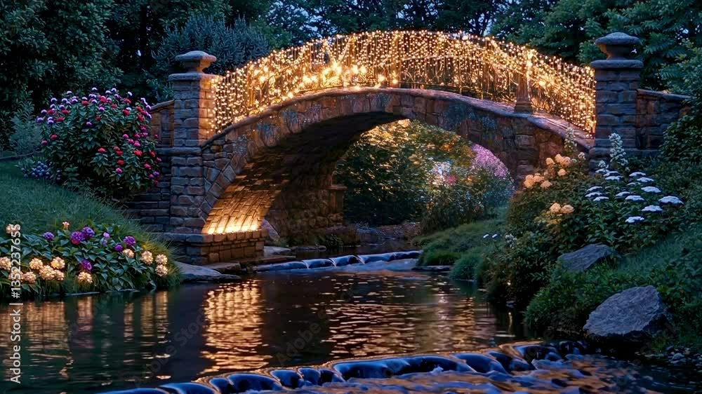 Poster enchanting garden bridge adorned with twinkling lights, viewed from a low angle, creating a magical 