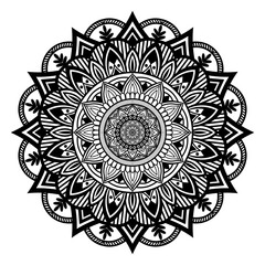 Continuous one line drawing of Intricate black and white mandala with symmetrical geometric and floral patterns