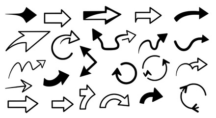 Navigational Guidance: A comprehensive collection of arrows pointing in various directions, ideal for representing pathways, progress, or direction, presented in sleek black and white vector graphics.