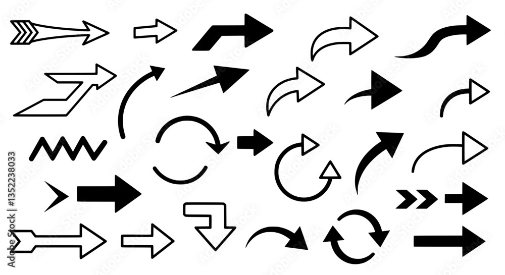 Poster diverse arrow set: a comprehensive array of arrows, presenting an assortment of shapes and styles in