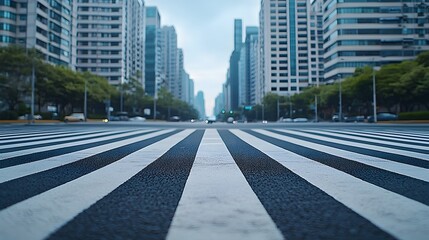 Naklejka premium Zebra Crossing Pathway, Deserted urban crosswalk with towering high-rises in the background