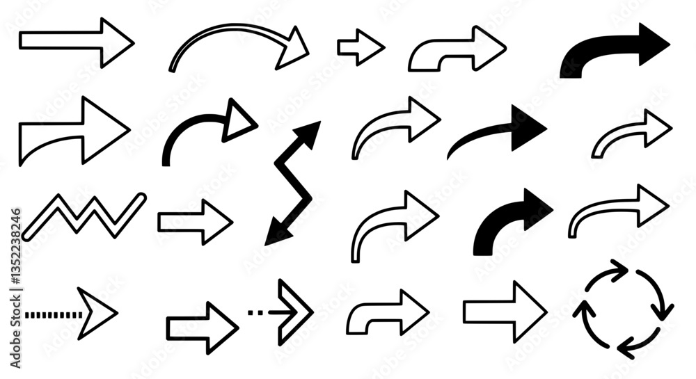 Poster diverse arrow set: an assortment of arrows, representing various directions and styles for graphic d