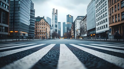 Obraz premium Zebra Crossing Pathway, Deserted city crosswalk with towering buildings