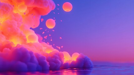 Colorful clouds and lanterns floating over serene water at sunset. Illustration pastel minimal mockup blank frame for background Tanabata Festival dreamy glowing paper lanterns 