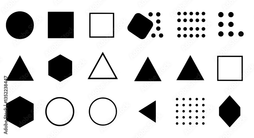 Poster geometric shapes array: an assortment of basic shapes, each carefully rendered in contrasting shades