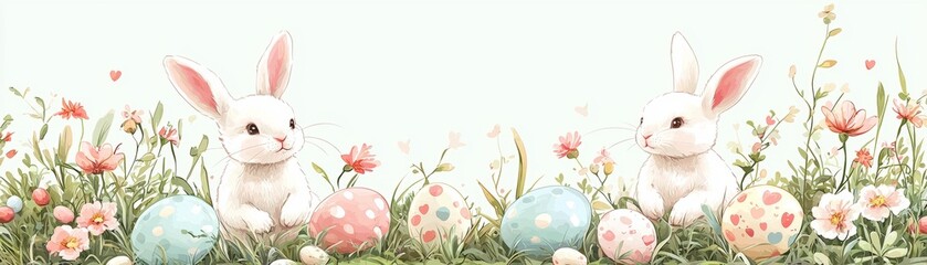 Obraz premium Adorable White Easter Bunnies with Easter Eggs in Spring Meadow , White Background