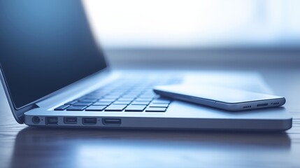 Sleek laptop and smartphone on a wooden desk with soft natural light in the background