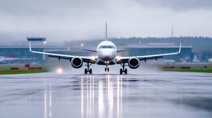 Commercial jetliner on wet runway during a cloudy day