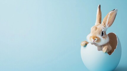 Obraz premium Adorable Bunny Rabbit Emerging from Easter Egg Shell on Blue Background