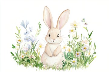 Adorable White Rabbit with Spring Flowers, Watercolor, Isolated on White Background