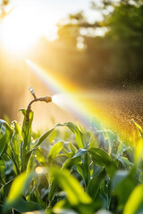 Sprinkler watering lush green cornfield with water droplets creating rainbow effect. Sunlight enhances colors in early morning landscape. Concept of agriculture, farming, crop care