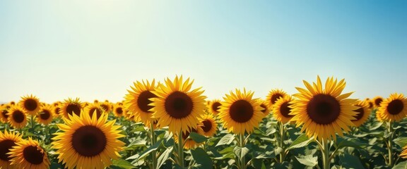 Obraz premium Vast sunflower field under a vibrant blue sky, beauty, yellow, horizon