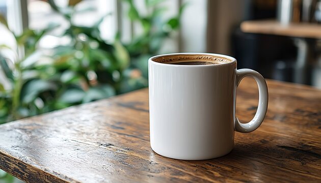 A white ceramic mug filled with dark coffee sits on wood