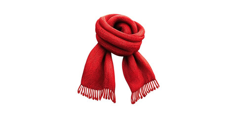 Red Knitted Scarf With Fringes. Winter Fashion And Warmth Accessory Isolated On Transparent Background